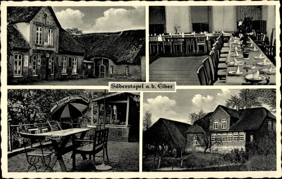 Ak Süderstapel Stapel Sleeswijk-Holstein, restaurant Eiderlust, buitenaanzicht, eetkamer