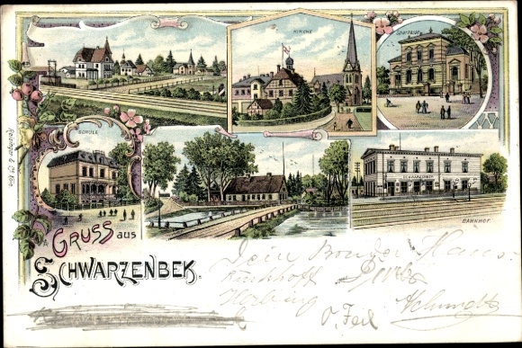 litho Schwarzenbek in Lauenburg, kerk, school, treinstation, spaarbank