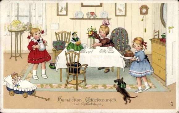 Artist Postcard Birthday greetings, coffee table, children