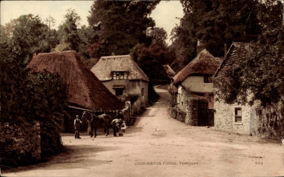 KP Torquay Devon Anglia, Cockington Forge, wiejski krajobraz, koń i wóz, uroczy domek