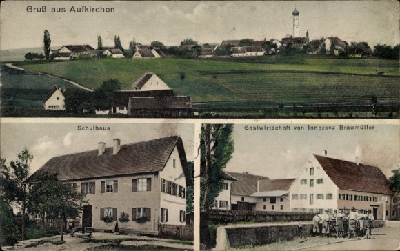Ak Aufkirchen Oberding Oberbayern, Totale, Kirche, Schulhaus, Gastwirtschaft Innozenz Braumüller