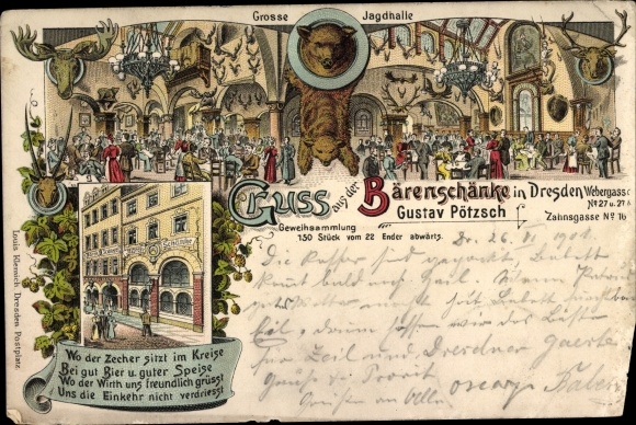Chromo-Litho Dresden old town, Bärenschänke inn, large hunting hall, antler collection, poem, Webergasse