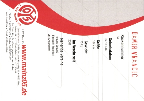 Autograph card footballer Damir Vrancic, 1. FSV Mainz 05