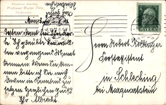 Artist Postcard Firle, Walther, The Peat Cutter, Munich Artist No. 3