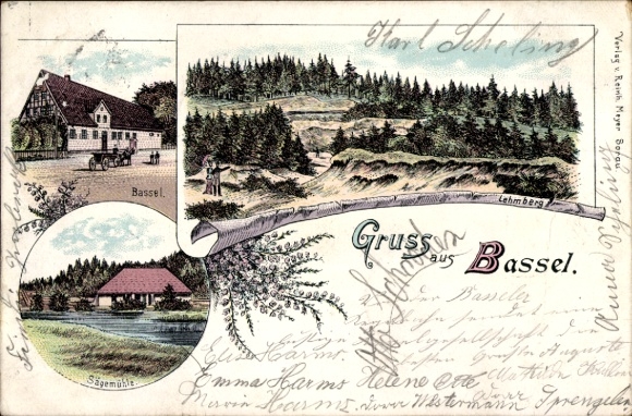 Chromo-Litho Bassel Soltau in the Heidekreis, clay mountain, sawmill, restaurant, forest landscape