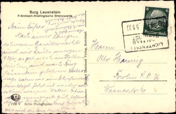 Postcard railway postmark Lichtenf? Train 381