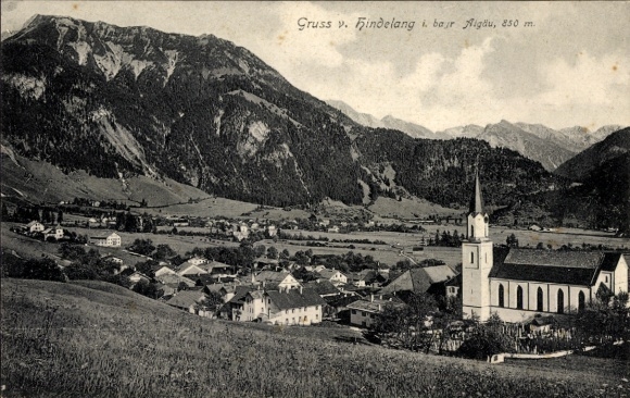 Postcard Bad Hindelang in the Oberallgäu, mountain landscape, church, houses, Alps, village idyll