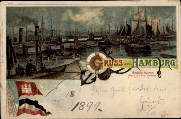 Moonlight Chromo-Litho Hamburg, inland port, view of Steinwerder, coat of arms, flags