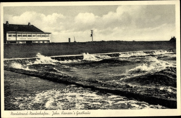 Postcard Norderhafen Nordstrand island in North Friesland, John Hansen&#39;s inn