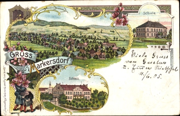 litho Markersdorf in het Chemnitztal Claußnitz Midden-Saksen, school, kasteel, totaaloverzicht