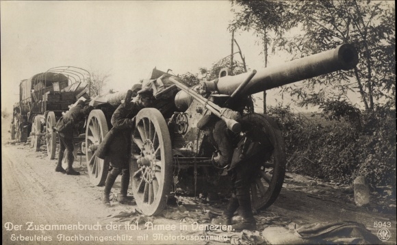 Postcard Collapse of the Italian Army in Venetia, captured flat-field artillery with engine covering