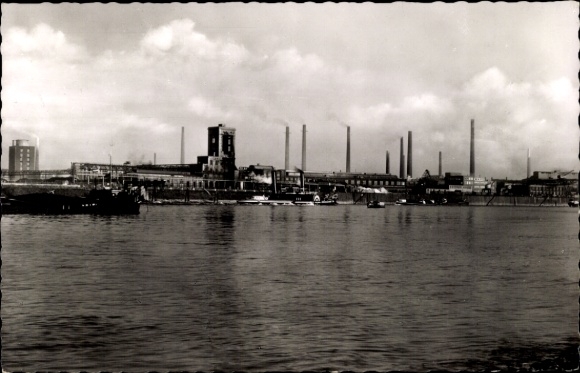 Postcard Leverkusen in the Rhineland, industrial view, water, factory buildings, chimneys, clouds