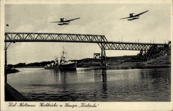 Ak Holtenau Kiel in Schleswig Holstein, Kreuzer Karlsruhe, Junkers F 13, Wasserflugzeuge, Hochbrücke