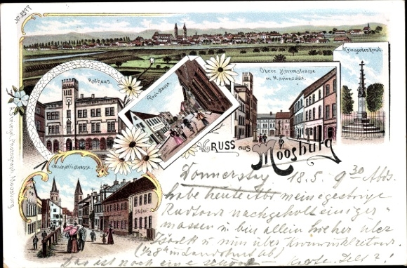Chromo-Litho Moosburg an der Isar, general view, war memorial, town hall, Poststraße