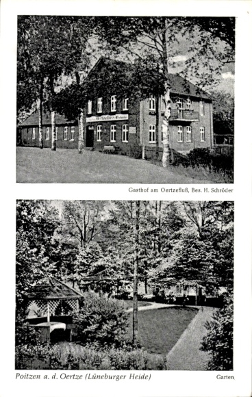 Ak Poitzen Faßberg Lüneburger Heide, Gasthof, Garten, Pensionshaus H. Schröder, Umgebung von Wald
