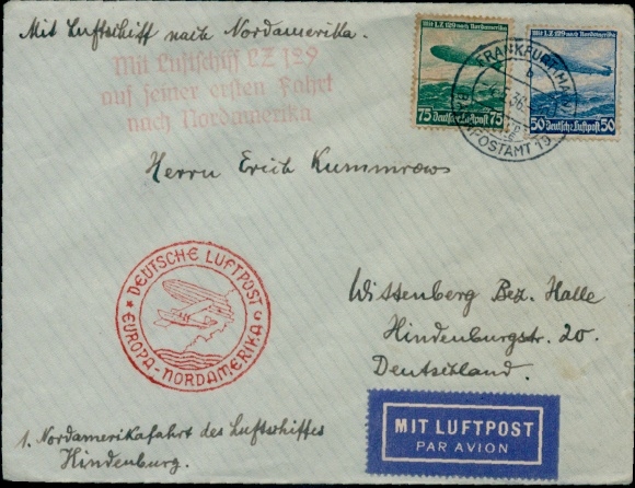 List Zeppelin mail LZ 129 Hindenburg, niemiecka poczta lotnicza Europa - Ameryka Północna, 1. lot północnoamerykański