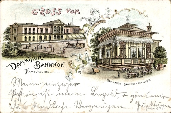Chromo-Litho Hamburg Eimsbüttel Rotherbaum, Dammtor Station Pavilion, Horse-drawn Carriage