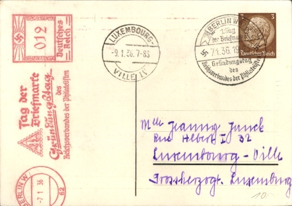 Postal stationery stamps Postcard Day of the postage stamp, founding day of the Reich Association of Philatelists