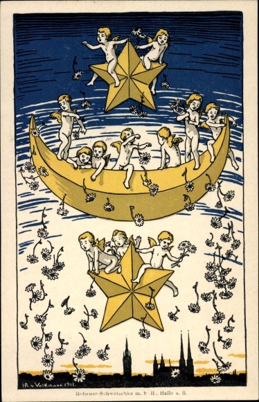 Artist Postcard Volkmann, Halle an der Saale, angel with flowers, coat of arms, star, children's aid day