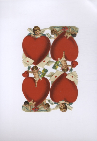 Oblate block of 4 large red hearts with small putti and letters, approx. 18 x 12 cm
