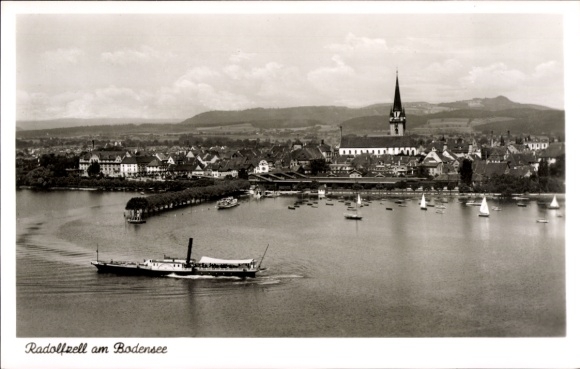 Ak Radolfzell am Bodensee, prachtig landschap, Bodenmeer, stadsgezicht, zeilboten, schip