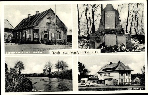 Postcard Sandhatten district of Oldenburg Lower Saxony, memorial, youth hostel, bakery and groceries