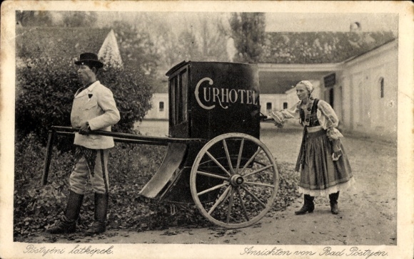 Postcard Piešťany Pistyan Pistian Pöstyen Slovakia, spa hotel, infantry wagon