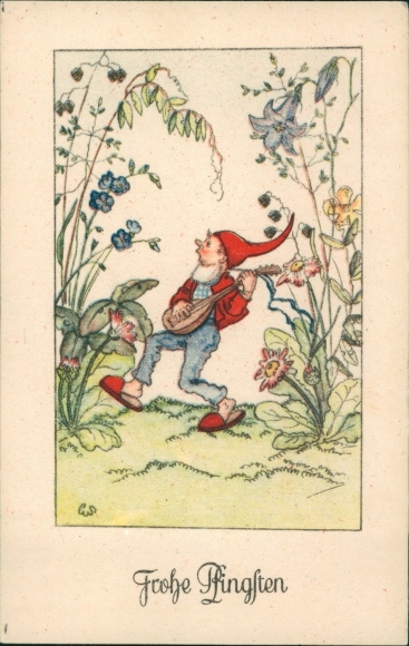 Artist PC Scherbauer, Luise, congratulations at Pentecost, music-making dwarf, flowers