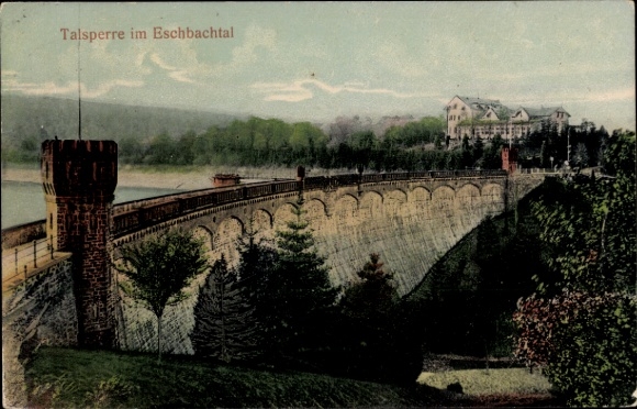 Postcard Remscheid in the Bergisches Land, dam in the Eschbach valley, bridge, hotel-restaurant