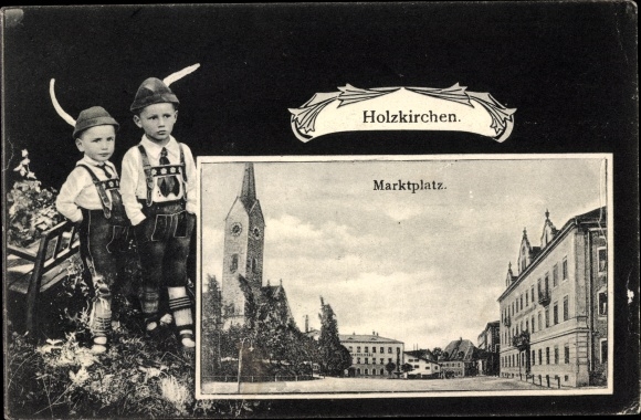 Passepartout PC Holzkirchen in the Miesbach district of Upper Bavaria, market square, church, boys in lederhosen