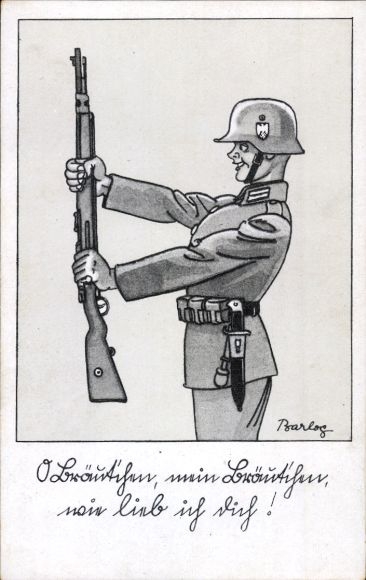 Artist Postcard Barlog, Wehrmacht soldier, rifle, soldier humor