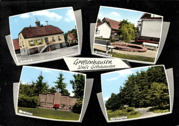 Postcard Großenhausen Lens Court Hesse, town hall, memorial
