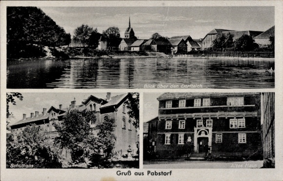 Postcard Pabstorf Huy in the Harz district, panorama of the town, school, old house