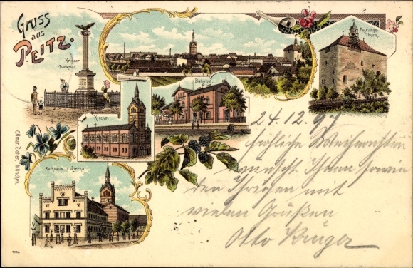Litho Peitz in der Niederlausitz, Kriegerdenkmal, Festungsturm, Kirche, Rathaus