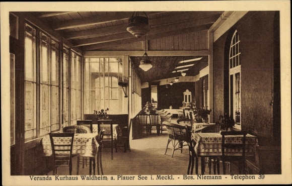 Postcard Plau am See Mecklenburg, Kurhaus Waldheim, interior view, porch