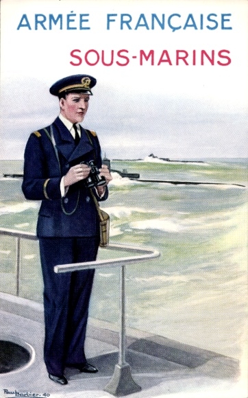 Künstler Ak Barbier, P., Marineoffizier an Deck des französischen U-Bootes