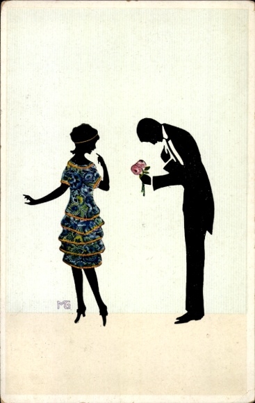 Paper cutting artist Postcard Graf, M., lovers, gift, flowers
