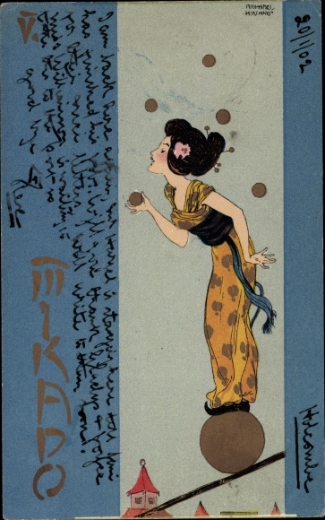 Art Nouveau kunstenaar litho Kirchner, Raphael, Mikado, Japanse vrouw in kimono balancerend op het touw