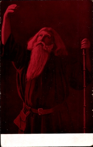 Postcard Old man looking up, long beard, walking stick