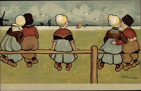 Artist PC Parkinson, E., Lovers and a lonely girl, Dutch costume