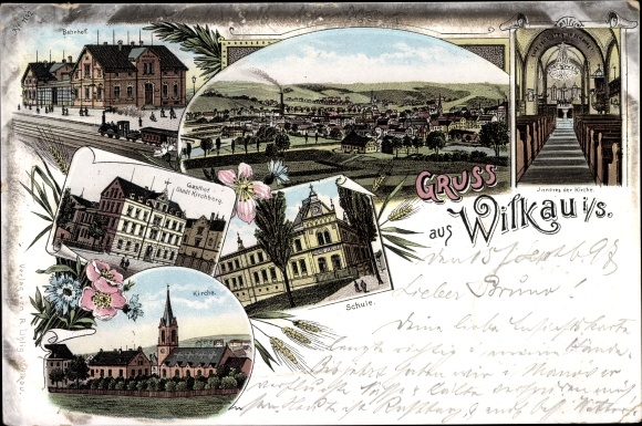 Chromo-Litho Wilkau Haßlau in Saxony, railway station, inn Stadt Kirchberg, school, church