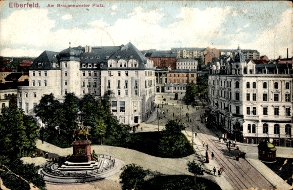 Postcard Elberfeld Wuppertal, Am Brausenwerter Platz, city view, statue, architecture, busy street