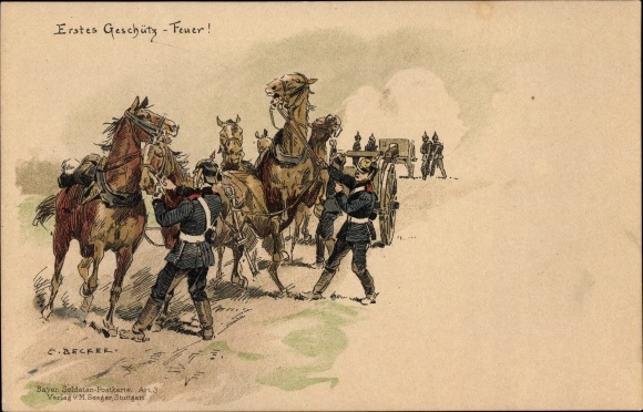 Kunstenaar litho Becker, C., Eerste geweervuur, verlegen paarden