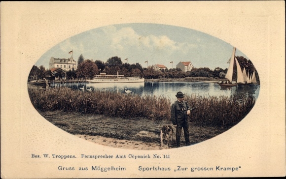 Ak Berlin Köpenick Müggelheim, Sporthaus Zur großen Krampe, Jäger mit Hund