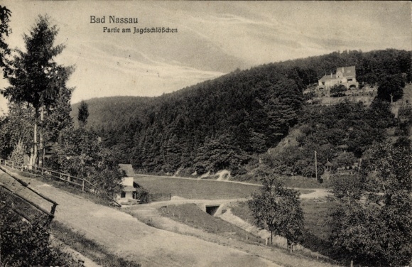 Postcard Bad Nassau an der Lahn, part of the hunting lodge, landscape, buildings, trees