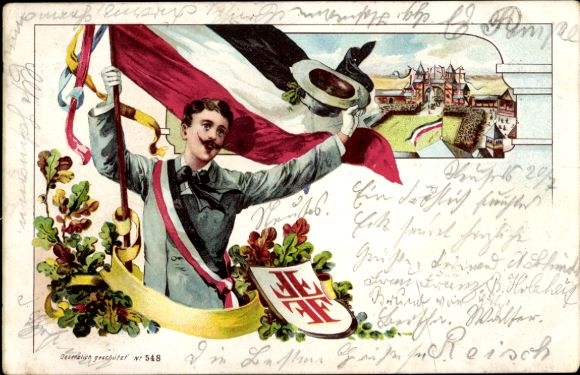 Chromo-Litho gymnast with flag, Jahnkreuz