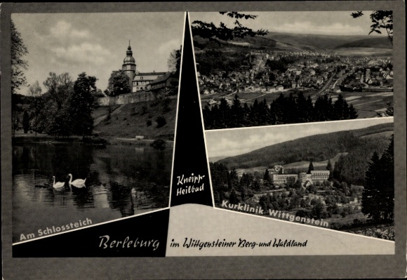 Postcard Bad Berleburg in Westphalia, castle pond, Wittgenstein health clinic, total view