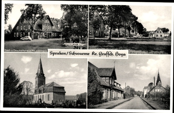 Postcard Spraken Schwarme Lower Saxony, inn and commercial building H. Lindemann, church, street area