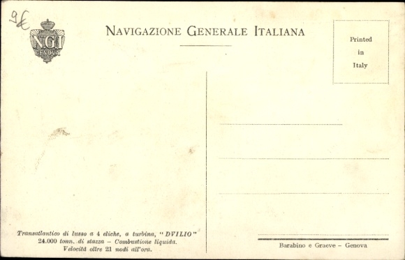 Postcard steamer Dvilio, Navigazione Generale Italiana, NGI