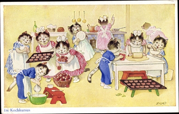 Artist Postcard Baumgarten, F., Humanized in the cooking class, cats, bake